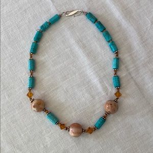 Handmade Aqua & Tan Stone Beaded Necklace